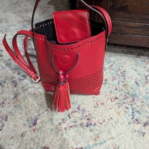 Vibrant Red Leather Shoulder Bag with Tassel